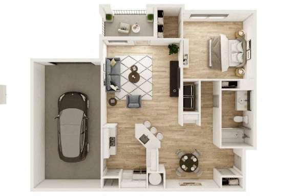 Floor Plan  A top-down view of a small apartment with a kitchen, living room, and bedroom.