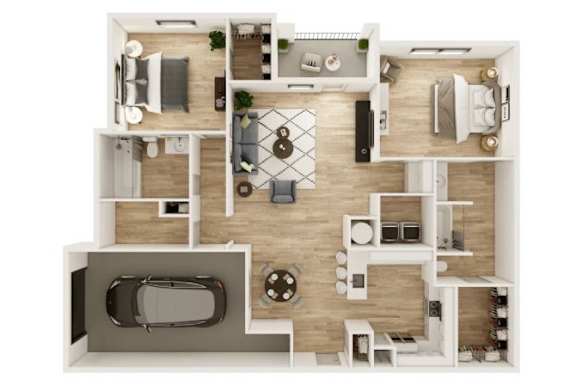 Floor Plan  A top-down view of a house layout with a kitchen, living room, dining area, and a garage.