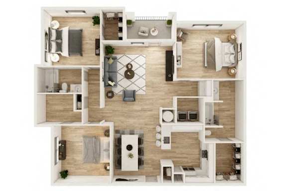 Floor Plan  A top-down view of a house layout with various rooms and furniture.