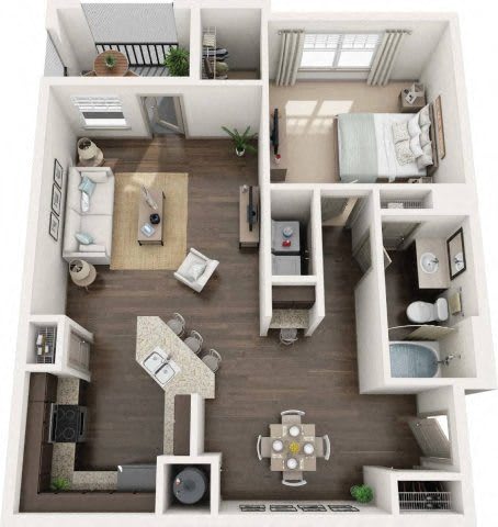 A 3D floor plan of a small apartment with a living room, kitchen, and bedroom.