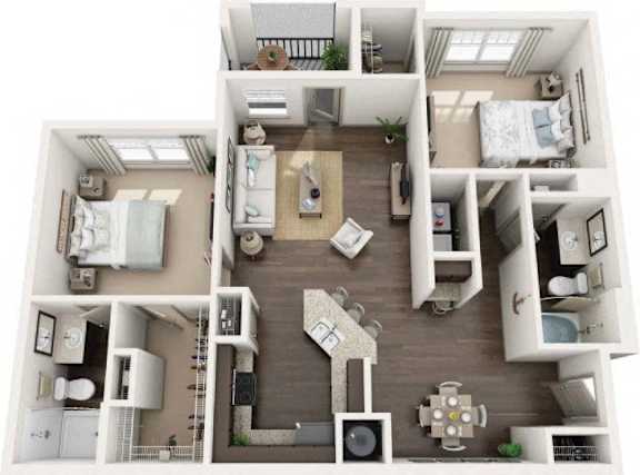 A top-down view of a small apartment layout with a kitchen, living room, and bedrooms.