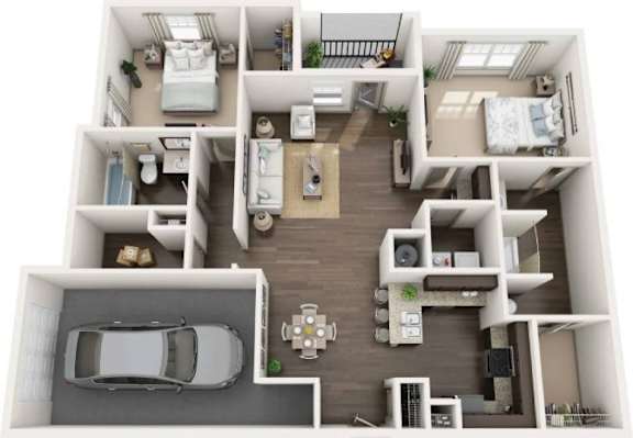 A top-down view of a small, well-organized apartment with a kitchen, living room, bedrooms, and a parking area.