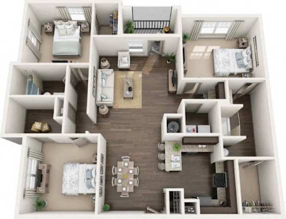 A top-down view of a multi-bedroom apartment layout.