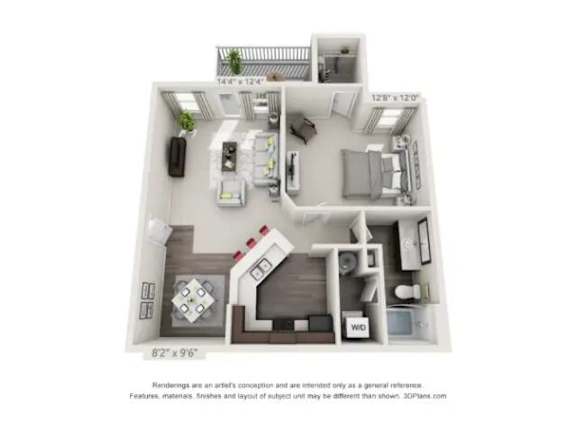 A 3D floor plan of a small apartment with a kitchen, living room, and bathroom.