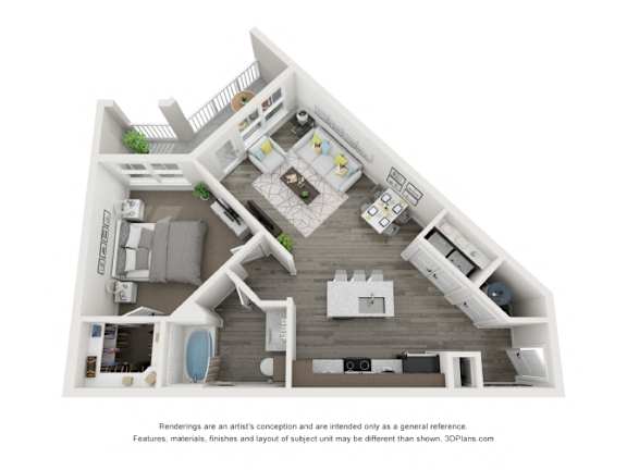 Floor Plan  A 3D floor plan of a house with a kitchen, living room, and bathroom.