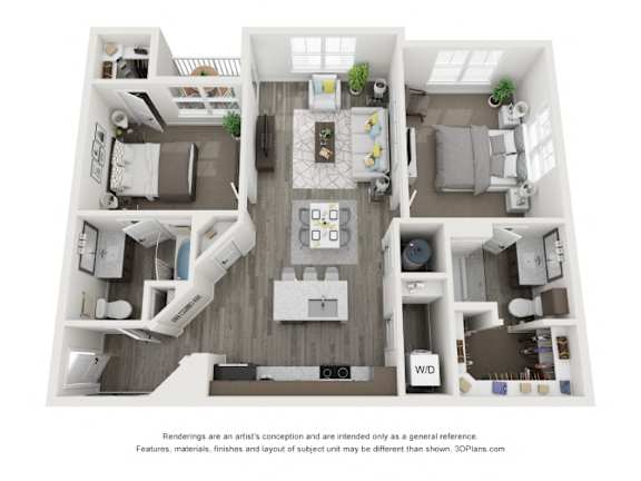 Floor Plan  A 3D floor plan of a house with a kitchen, living room, and bedrooms.
