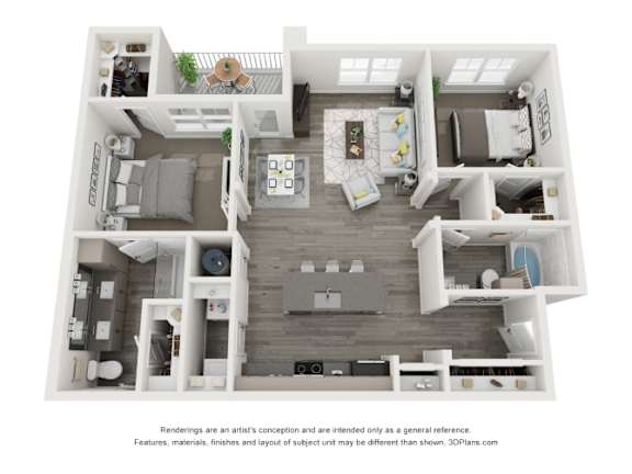 A 3D floor plan of a small apartment with a kitchen, living room, and bathroom.