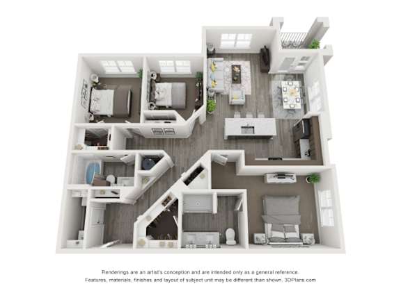 A 3D floor plan of a house with multiple rooms and furniture.