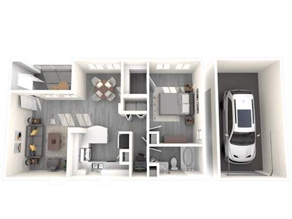 A white model of a house with a car in the garage.