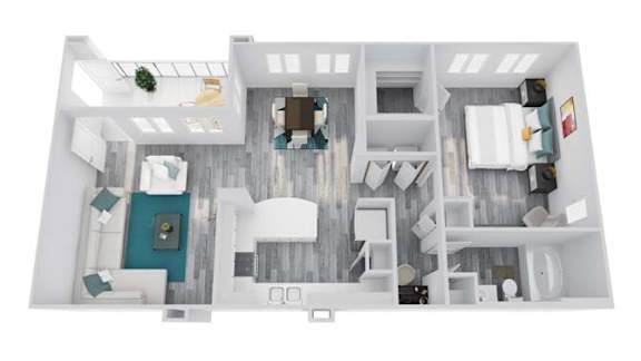 A top-down view of a modern, white-walled, open-plan apartment with a kitchen, living room, and bedroom.