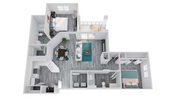 A white model of a house with a kitchen, living room, and bedrooms.