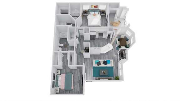 A dollhouse with a blue couch and a brown chair.