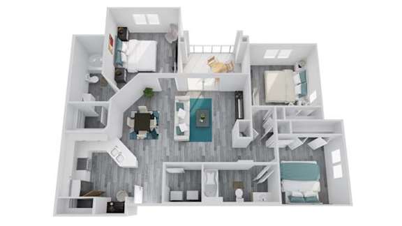 A white and wood floor plan of a house with a living room, kitchen, and two bedrooms.