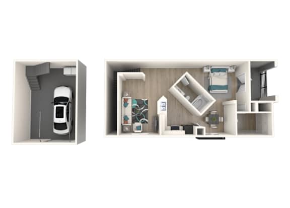 A 3D floor plan of a house with two bedrooms, a living room, a kitchen, and a garage.