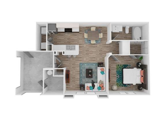 A top down view of a small apartment with a kitchen, living room, and bathroom.