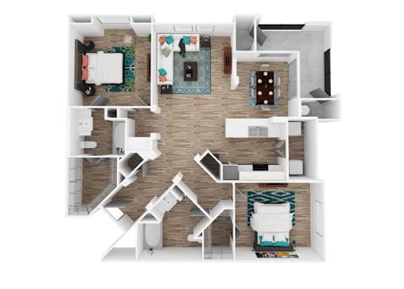A top-down view of a modern apartment layout with a kitchen, living room, and bedroom.