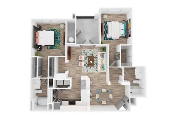 A top-down view of a modern apartment layout with a kitchen, living room, and bathroom.