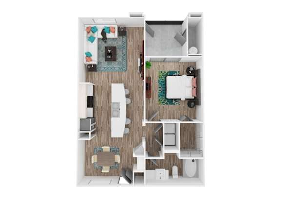 A top-down view of a small apartment with a kitchen, living room, and bedroom.
