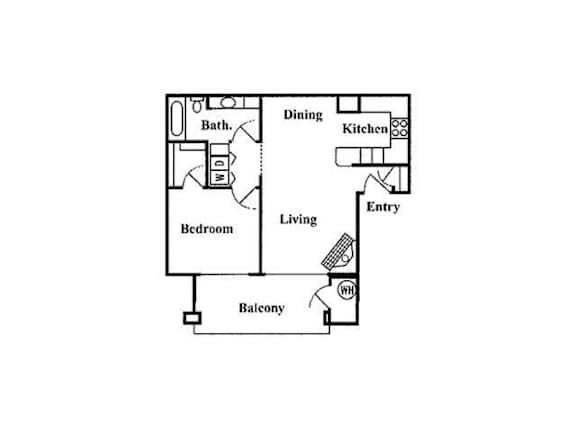 Floor Plan  A floor plan of a living space with a bedroom, bathroom, kitchen, and living room.