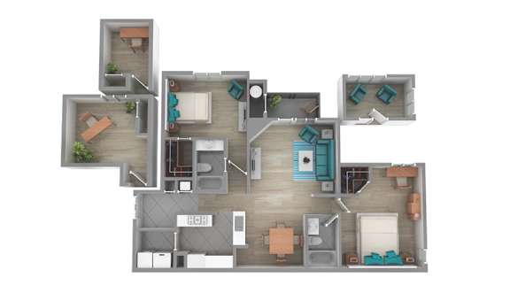 A 3D floor plan of a house with multiple rooms and furniture.