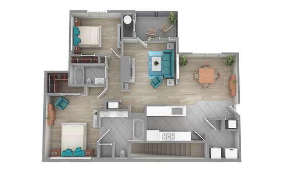 A floor plan of a house with a kitchen, living room, and two bedrooms.