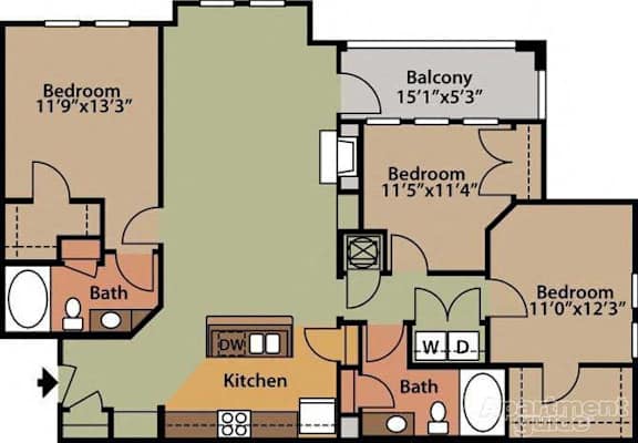 A floor plan of a house with four bedrooms, a balcony, a kitchen, and two bathrooms.