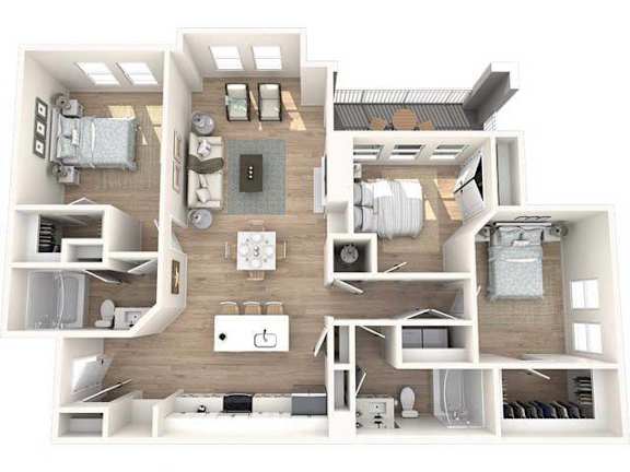 A 3D floor plan of a house showing a kitchen, living room, dining room, and bedrooms.