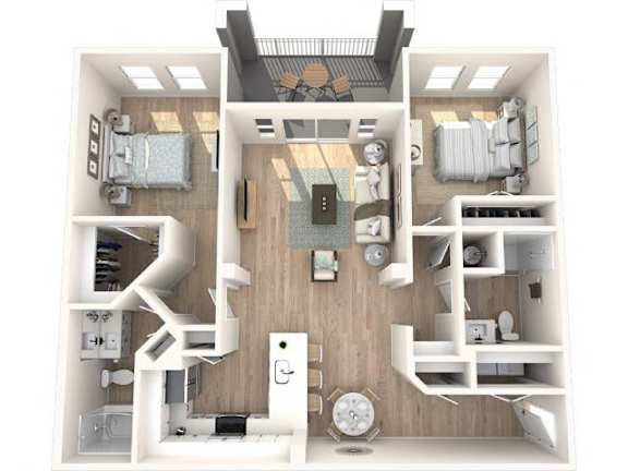 A top-down view of a small apartment with a kitchen, living room, and bedroom.