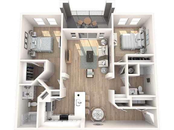 A top-down view of a small apartment with a kitchen, living room, and bedroom.