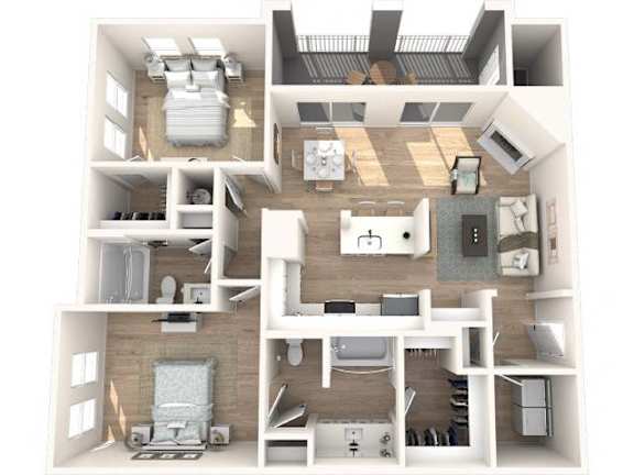 A 3D floor plan of a house showing a kitchen, living room, and bedrooms.