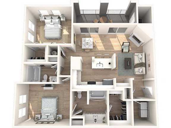 A 3D floor plan of a house showing a kitchen, living room, and bedrooms.