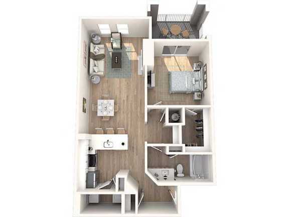 A top down view of a small apartment with a kitchen, living room, and bedroom.