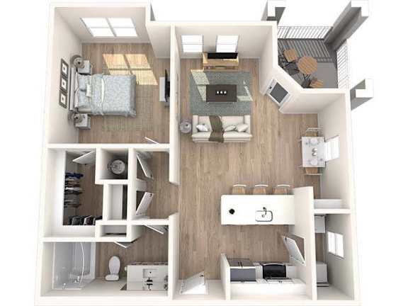 A 3D rendered image of a small apartment layout.
