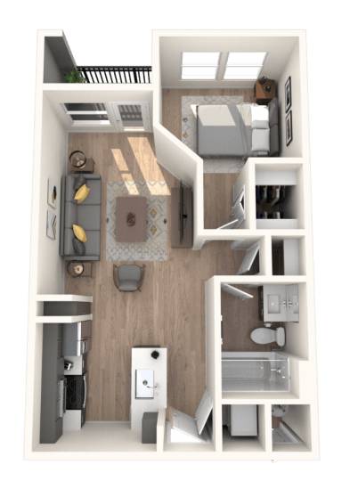 A 3D floor plan of a small apartment with a kitchen, living room, and bathroom.