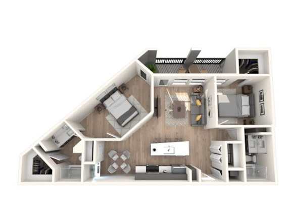 A 3D rendered image of a house layout.