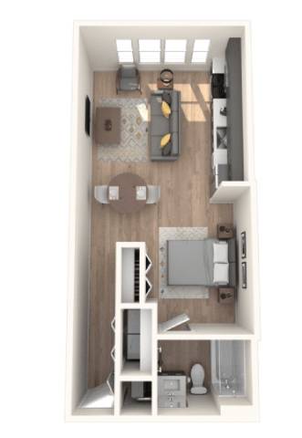 A small white room with a bed, a desk, and a shelf.