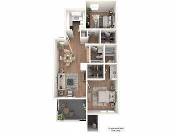 A floor plan of an apartment with a kitchen, living room, and bedrooms.