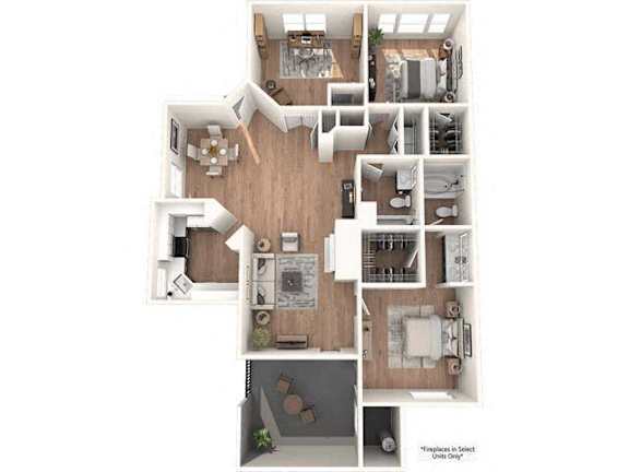 Floor Plan  A floor plan of a house with a kitchen, living room, and bathrooms.