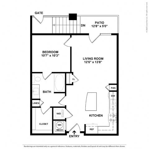 A black and white floor plan of a house with a gate, patio, bedroom, living room, bath, kitchen, and entry.