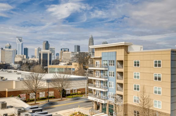 A view of a city skyline from a high vantage point.