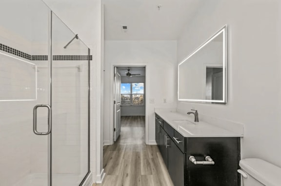 A bathroom with a walk-in shower, a sink, and a toilet.
