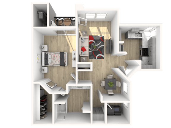 A 3D rendered image of a modern apartment layout.