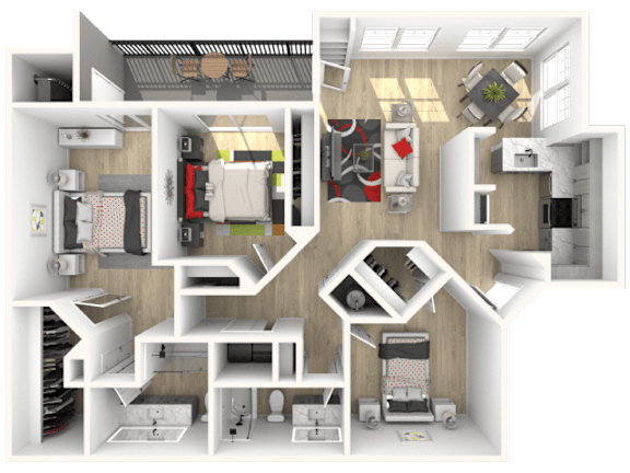 A 3D floor plan of a house with various rooms and furniture.