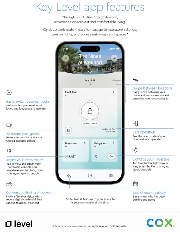 A smartphone screen displays the interface of the Key Level app, which includes features like easy lock switching, guest welcome, temperature adjustment, and access sharing.