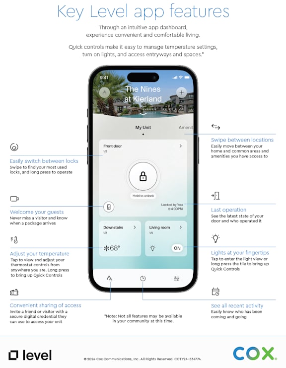 A smartphone screen displays the interface of the Key Level app, which includes features like easy lock swapping, guest welcome, temperature adjustment, and access invitation.