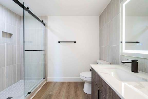 A modern bathroom with a walk-in shower and a white sink.
