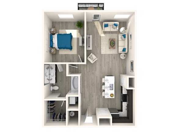 A top-down view of a small, neatly organized apartment with a bedroom, bathroom, kitchen, and living area.