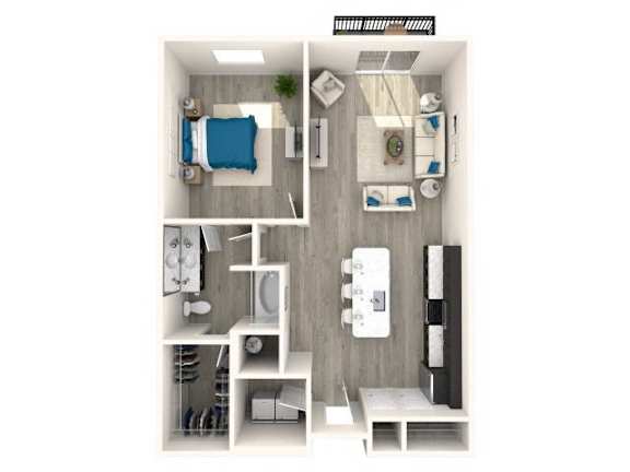 A top-down view of a small, neatly organized apartment.