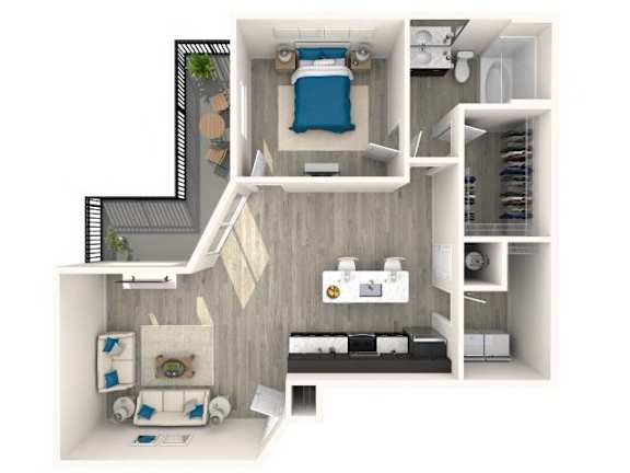 A 3D floor plan of a small apartment with a bedroom, living room, and kitchen.