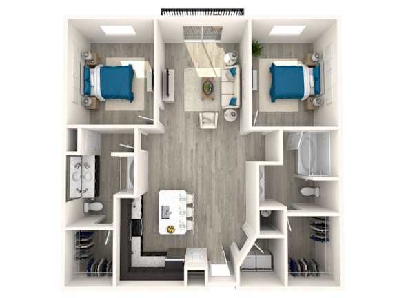 A top-down view of a small, modern apartment with two bedrooms, a living area, and a kitchen.